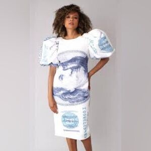 White‎ Dress with Blue Money Print